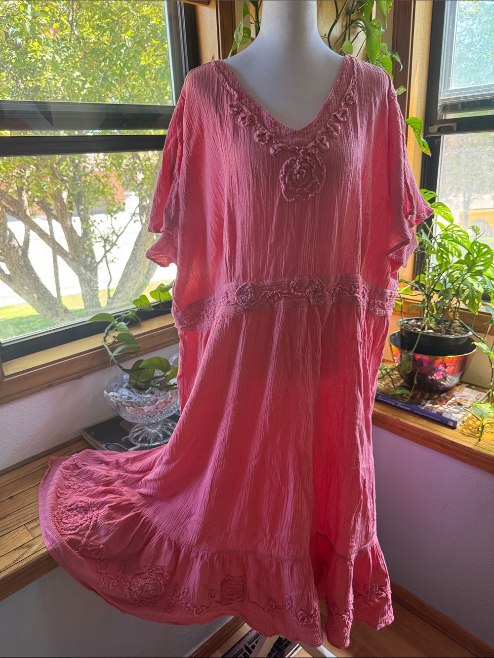 🩷Only Necessities Pink Cotton Boho Lounger Dress Midi Flounce Trim Plus Size 30W